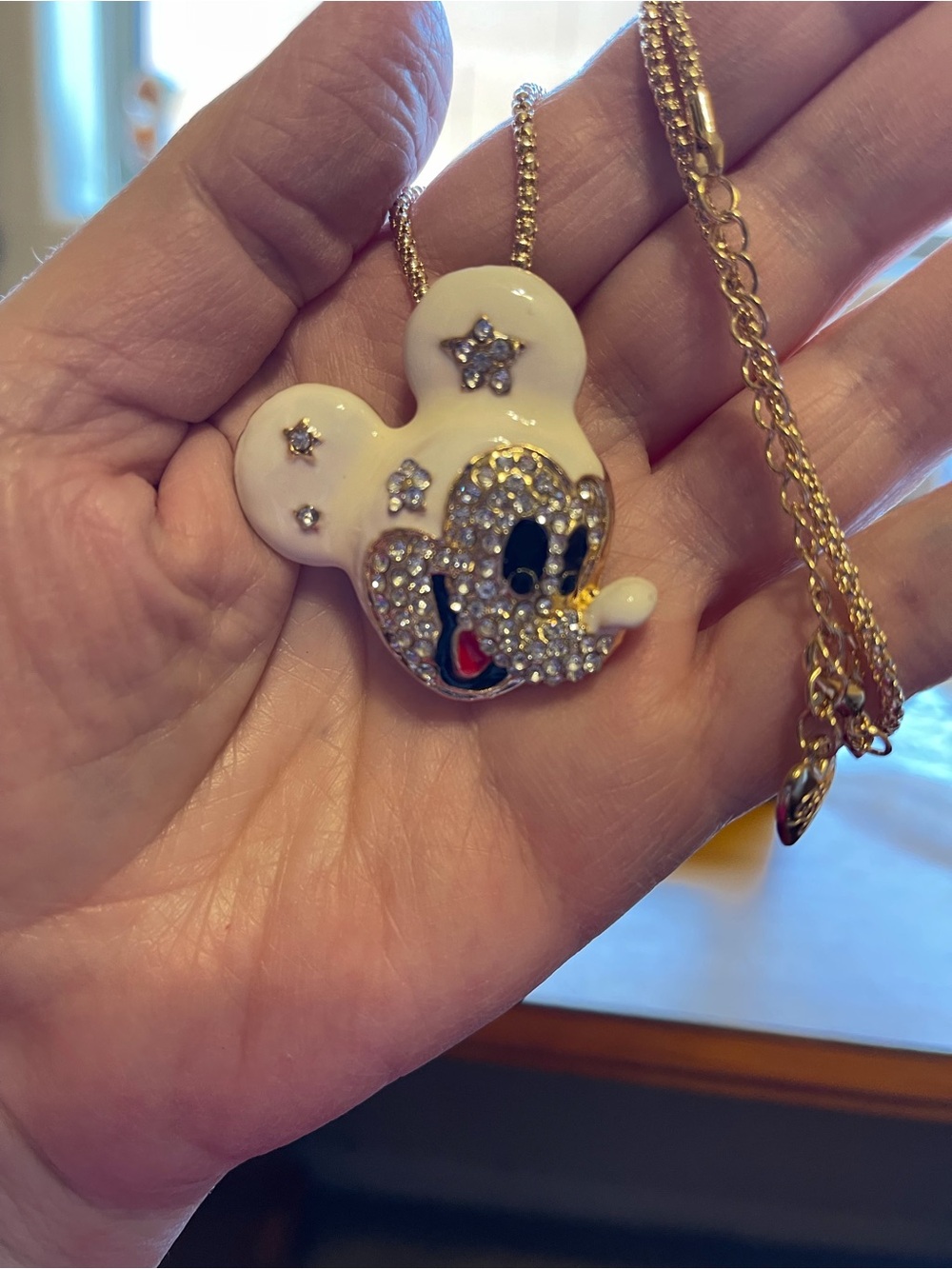 Gold-Tone White Enamel Crystal Mickey Mouse Pendant Necklace NWOT